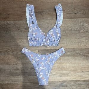 Zaful Triangle Frill Cheeky Bikini Set - Purple w/ White Flowers, Small